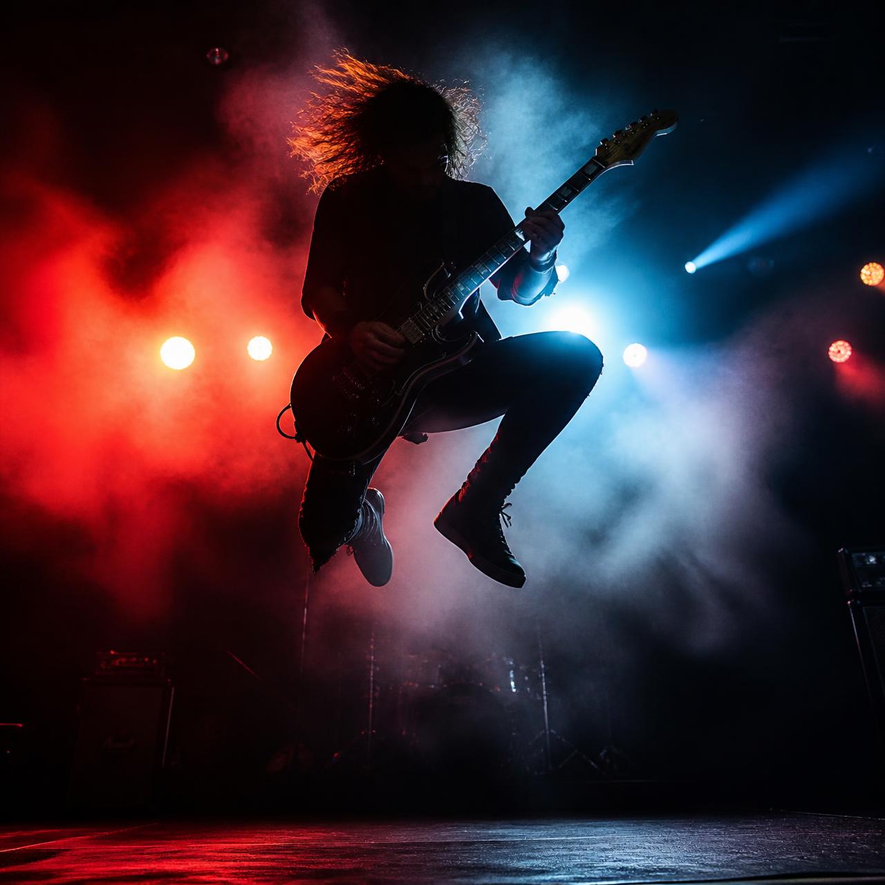Rock guitarist mid-jump on a smoky stage under red and blue lights